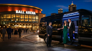 Elegantly dressed couple stepping out of a chauffeured limo van in Denver.